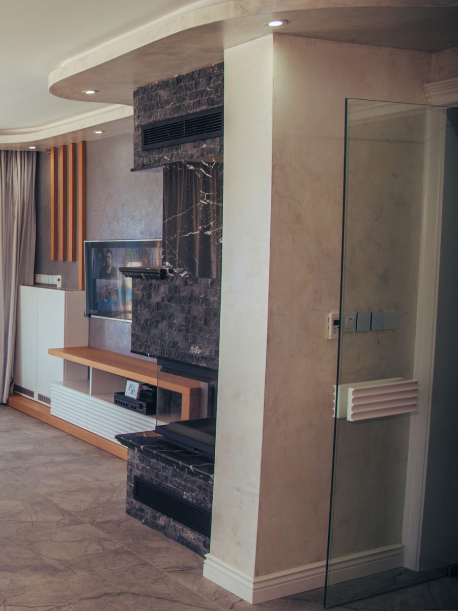 Interior with fireplace wall